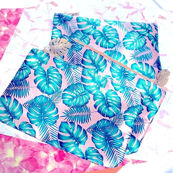 🪸🆕»- IPSY AUGUST -»🏝Summer-LÖVE Pink+Coral🪸Palm Leaves+Golden Zipper Handle - Picture 2 of 12
